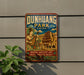 a vintage metal sign with an illustration of a temple and a woman playing a musical instrument, mounted on a wall.