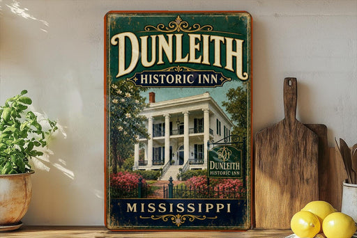 a vintage-style sign for Dunleith Historic Inn in Mississippi, with a large illustration of a historic building surrounded by flowers and greenery.