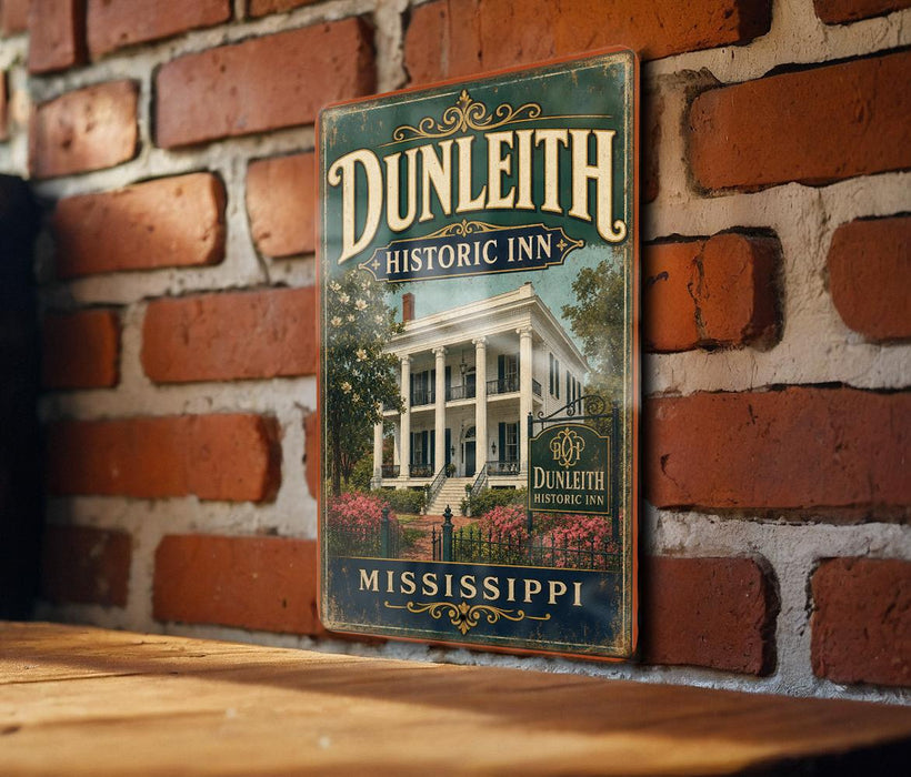 A vintage-style sign for the Dunleith Historic Inn in Mississippi, featuring a large illustration of a historic building surrounded by flowers.