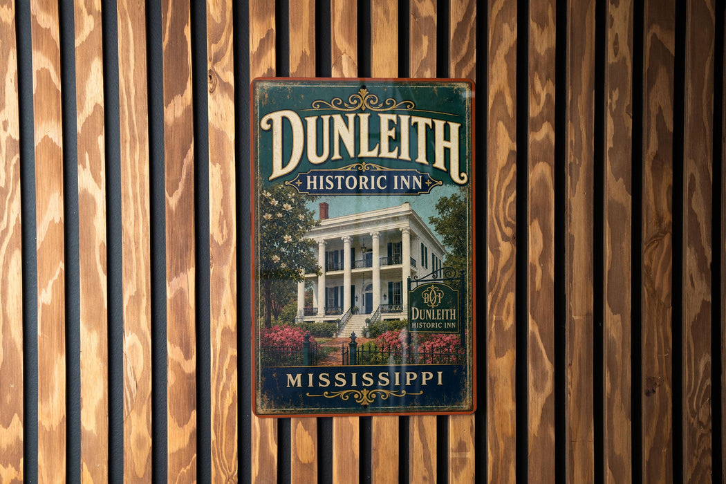 A vintage-style sign for Dunleith Historic Inn in Mississippi, featuring a large image of a historic building surrounded by trees and flowers.