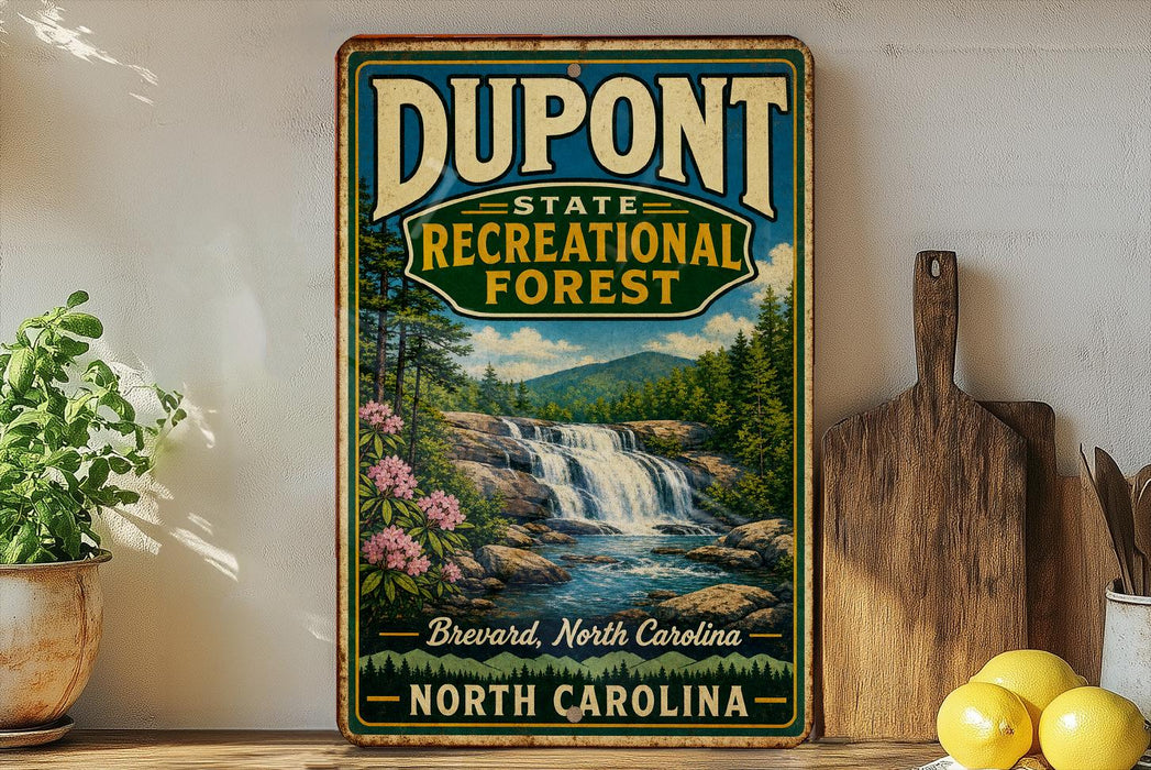 A vintage-style sign for DuPont State Recreational Forest in Brevard, North Carolina, featuring a waterfall and forest landscape.