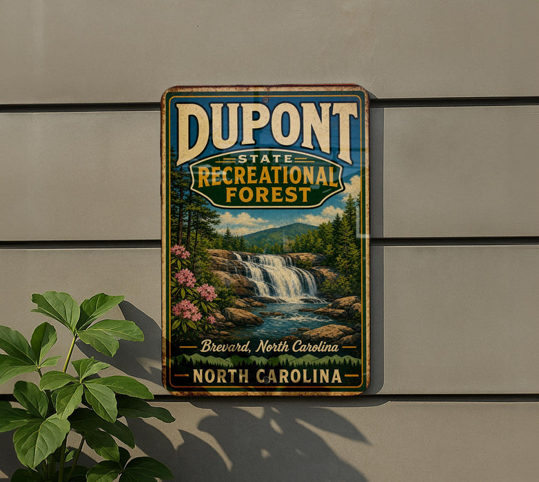 A vintage-style metal sign for DuPont State Recreational Forest, featuring a scenic image of a waterfall and pine trees.