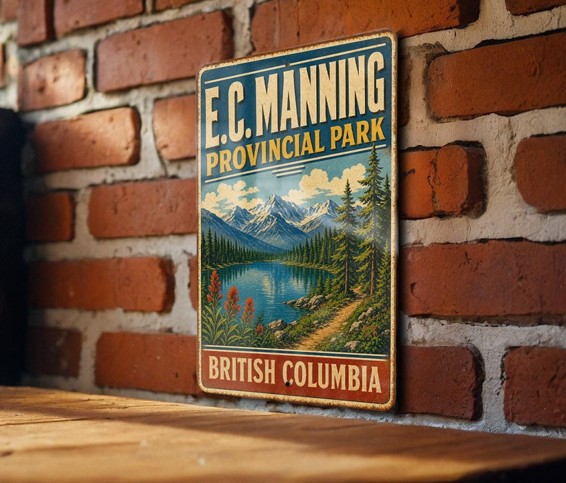 A vintage-style metal sign for E.C. Manning Provincial Park in British Columbia, Canada, featuring a scenic landscape with mountains, a lake, and pine trees.