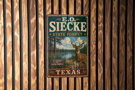 A vintage metal sign for E.O. Siecken State Forest in Texas, featuring a deer and a scenic landscape.