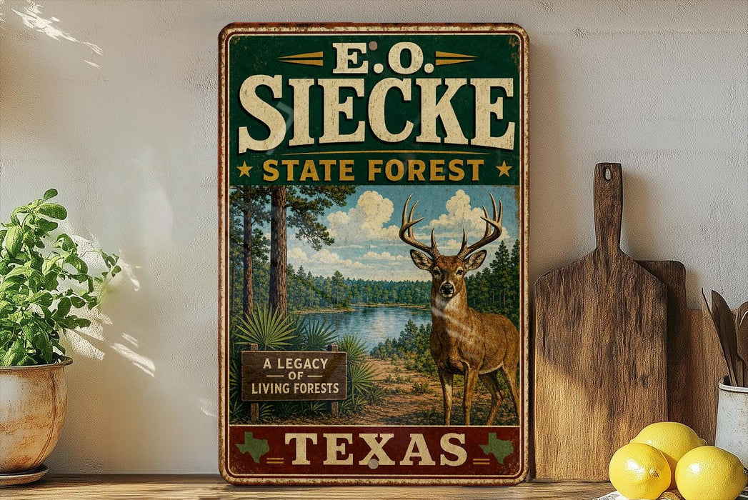A vintage-style metal sign for E.O. Siecke State Forest in Texas, featuring a deer in a forest landscape.