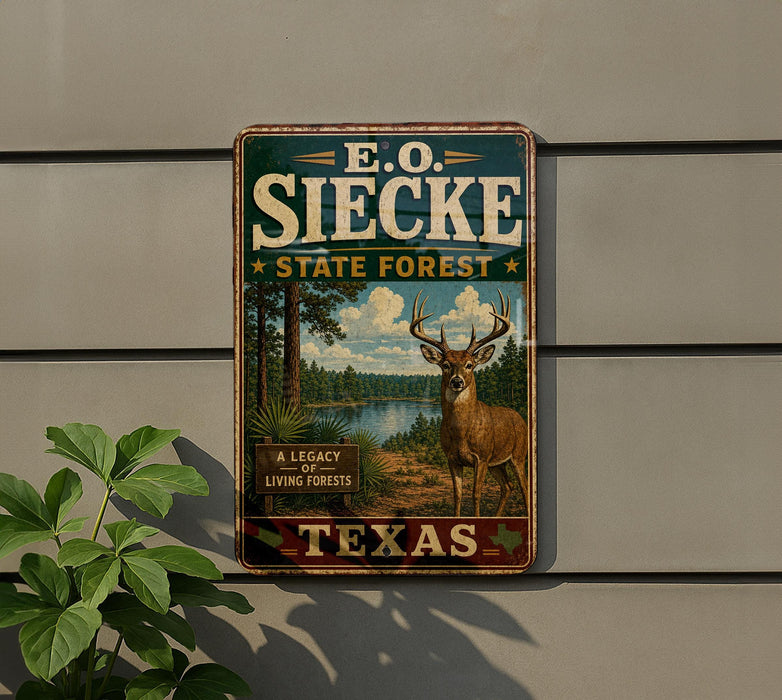 A metal sign with the text "E.O. SIECKE STATE FOREST" and an illustration of a deer in a forest setting.