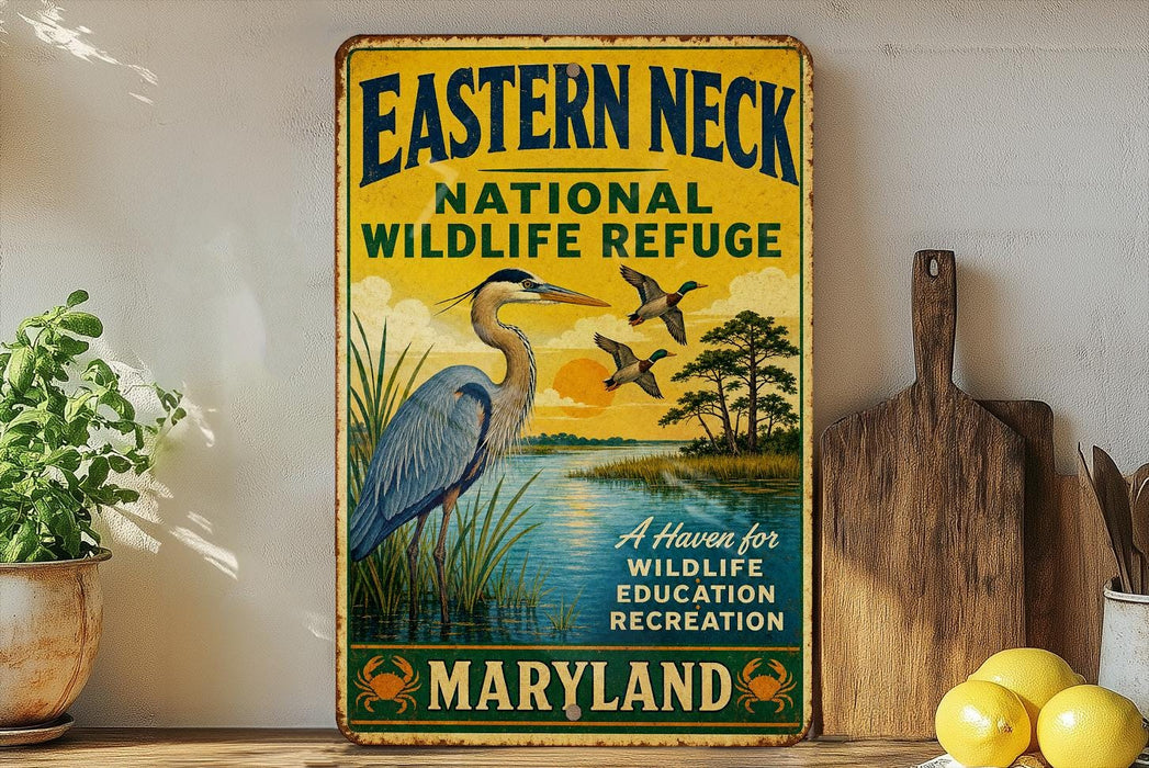 A vintage-style sign for the Eastern Neck National Wildlife Refuge in Maryland, featuring an illustration of a heron and ducks in a natural setting.