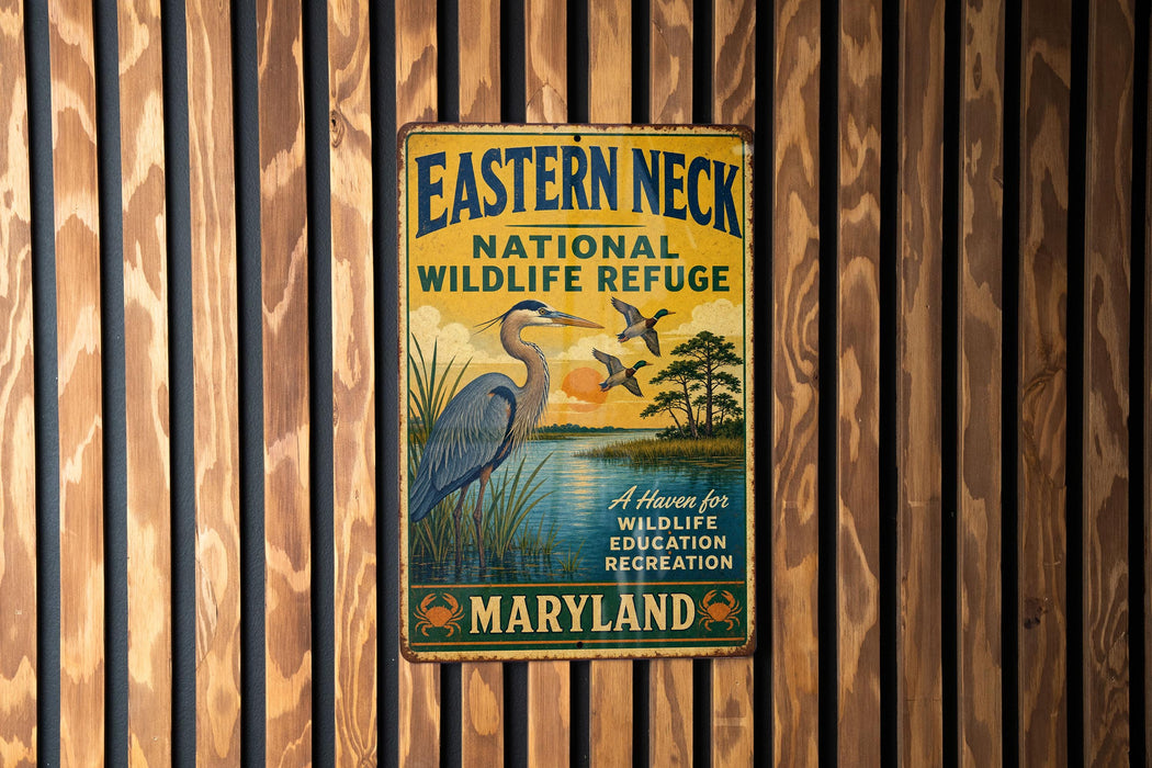 A vintage metal sign for the Eastern Neck National Wildlife Refuge in Maryland, featuring a blue heron and a sunset landscape.