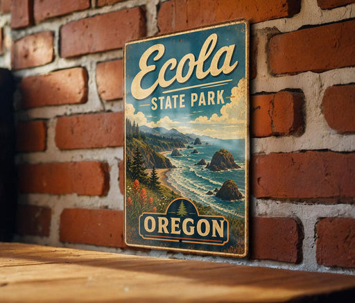A vintage-style metal sign for Eola State Park in Oregon, featuring a scenic coastal landscape with mountains, water, and pine trees.