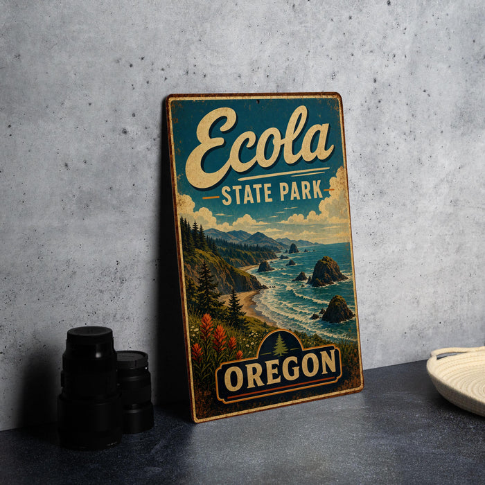 A vintage-style metal sign for Ecola State Park in Oregon, featuring a scenic landscape with mountains, forests, and a beach.
