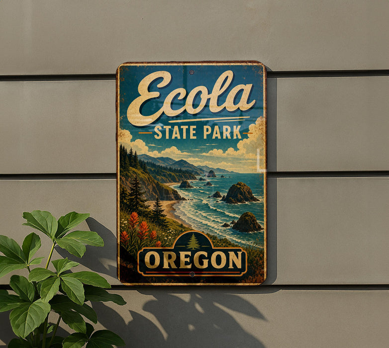 A vintage-style metal sign for Ecola State Park in Oregon, featuring a scenic landscape with mountains, forests, and a coastline.
