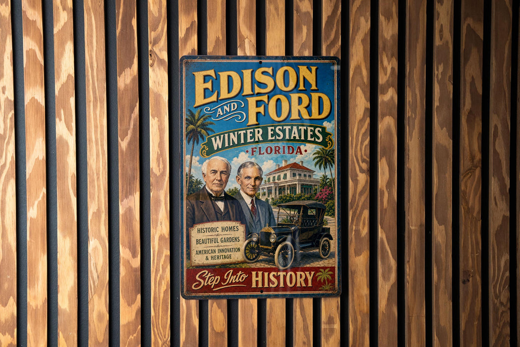 A vintage advertisement poster for Edison and Ford, featuring two men in suits and a classic car, is displayed on a wooden wall.