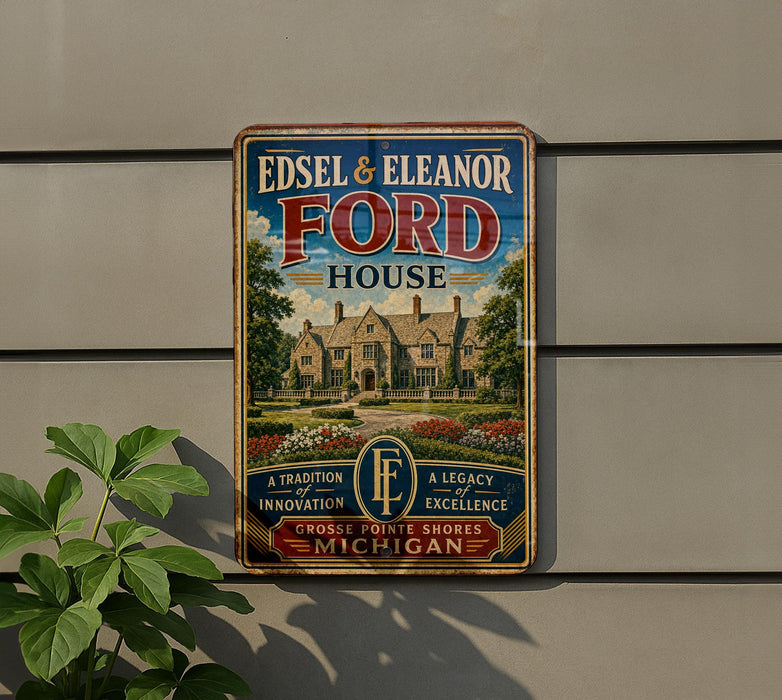 A vintage-style sign for Edsel & Eleanor Ford House, featuring a large illustration of the house and the Ford logo.