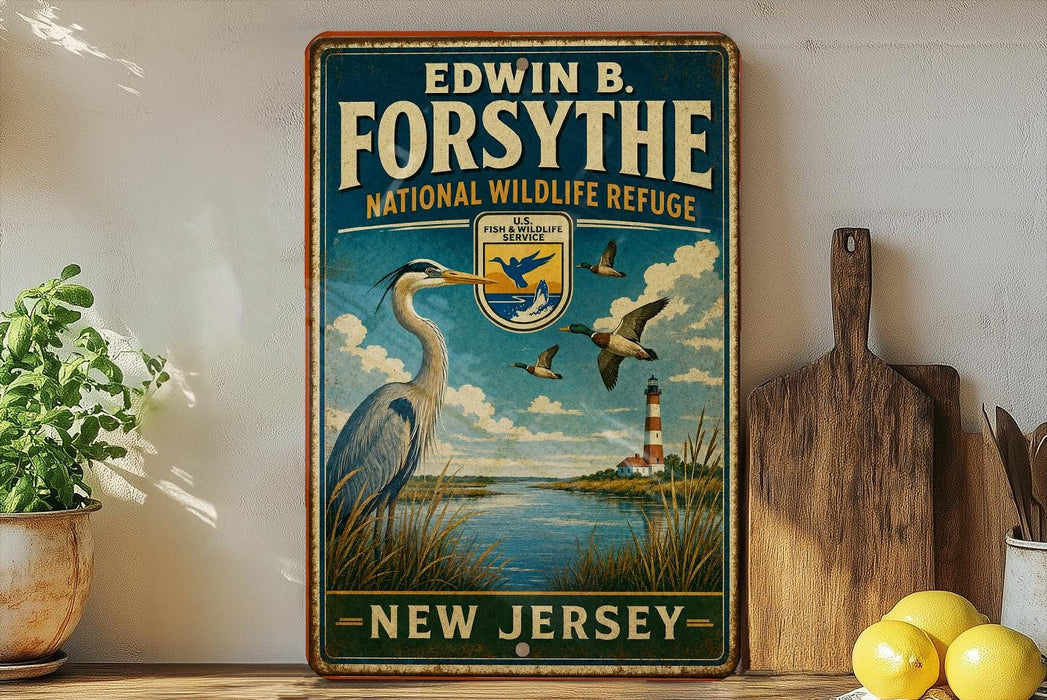 A vintage-style sign for the National Wildlife Refuge in New Jersey, featuring a large blue heron and a lighthouse in the background.