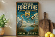 A vintage-style sign for the National Wildlife Refuge in New Jersey, featuring a large blue heron and a lighthouse in the background.