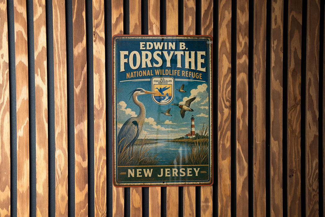 A vintage metal sign for the Edwin B. Forsythe National Wildlife Refuge in New Jersey, featuring a large blue heron and a lighthouse.