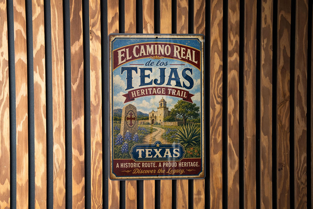 A vintage-style metal sign for the El Camino Real Tejas Heritage Trail in Texas, featuring a scenic illustration of a historic route and a prominent landmark.