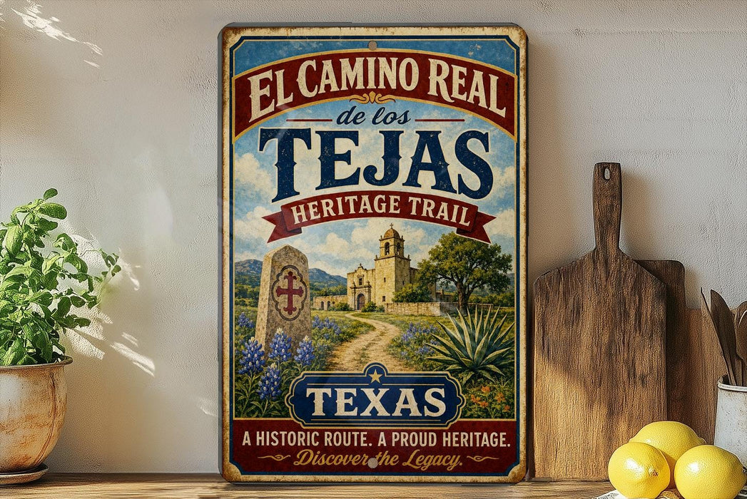 A vintage-style metal sign for the El Camino Real, a historic trail in Texas, featuring a scenic illustration of a historic building and a path leading through a garden.
