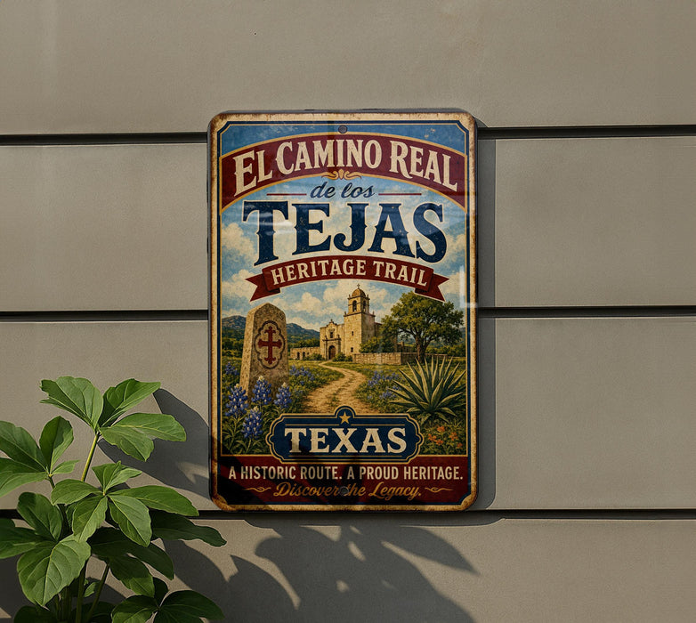 A vintage-style metal sign for the El Camino Real trail in Texas, featuring a scenic illustration of a historic landmark.