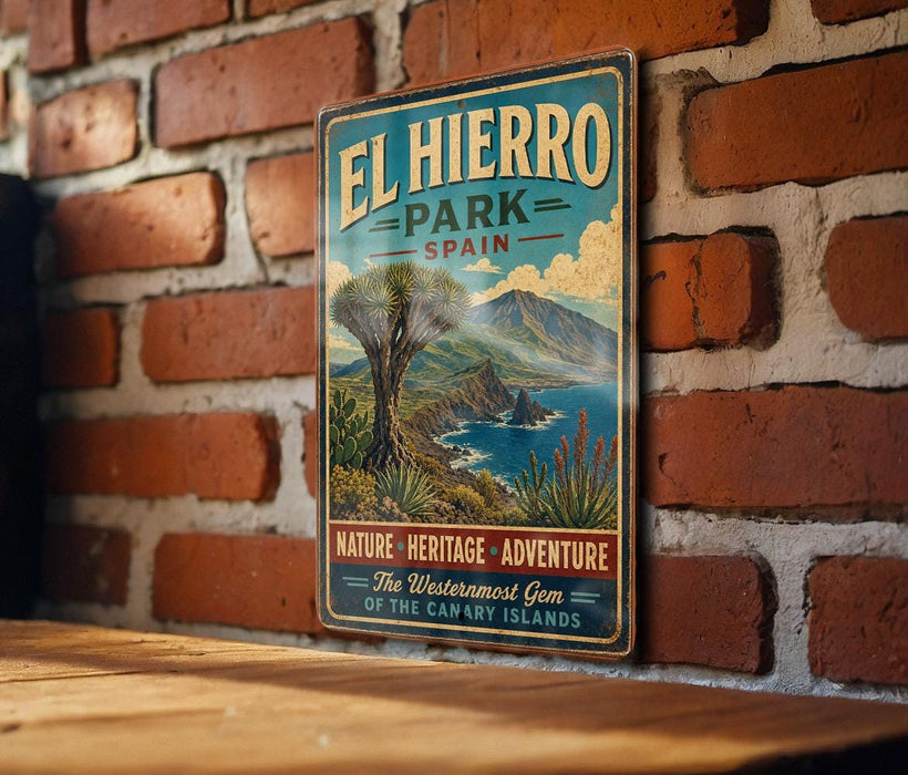 A vintage-style metal sign for El Hierro Park, Spain, featuring a scenic landscape with mountains, a beach, and palm trees.