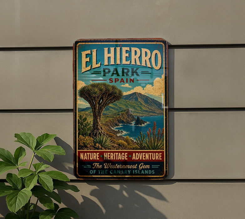 A vintage-style metal sign for El Hierro Park in Spain, featuring a scenic landscape with mountains, palm trees, and a blue sky.