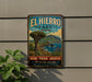 A vintage-style metal sign for El Hierro Park in Spain, featuring a scenic landscape with mountains, palm trees, and a blue sky.