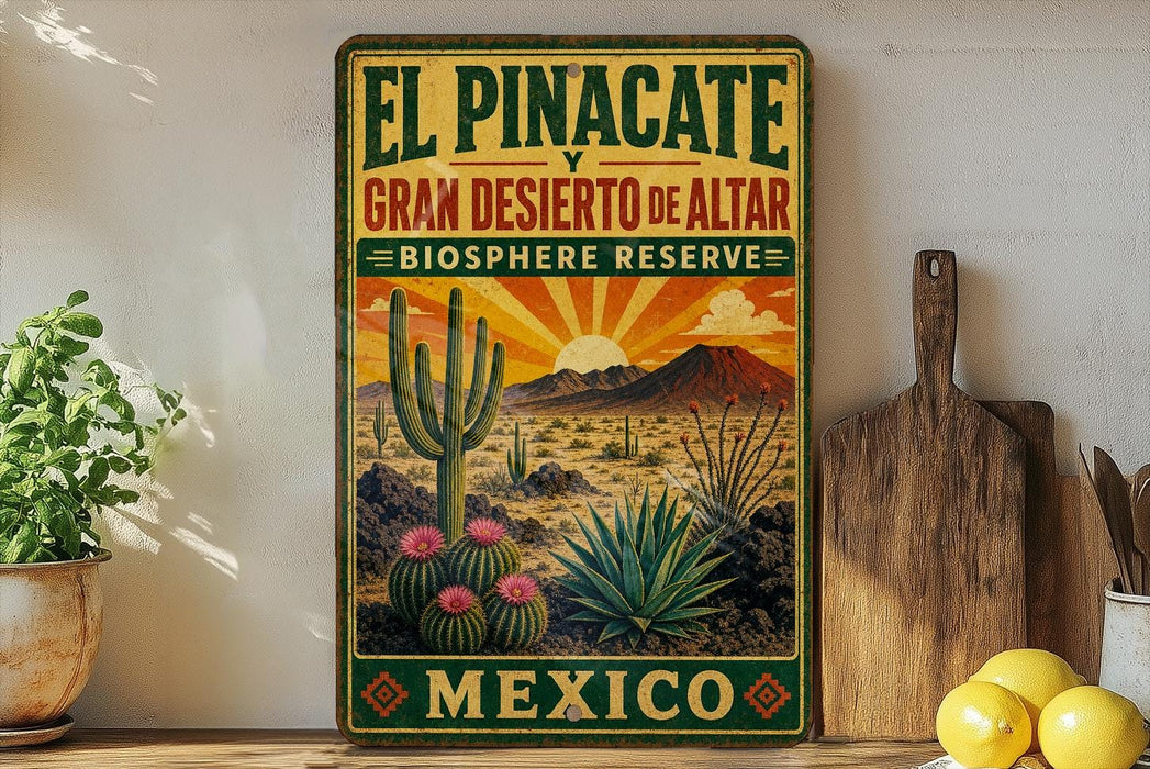 a vintage-style sign for the El Pincactus Biosphere Reserve in Mexico, with a desert landscape and cacti depicted on the sign.