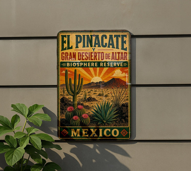 A vintage-style metal sign with a desert landscape and cacti, mounted on a wall next to a plant.