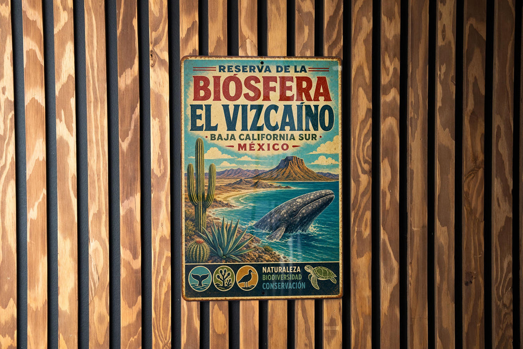 A vintage metal sign with a whale and desert landscape, mounted on a wooden wall.