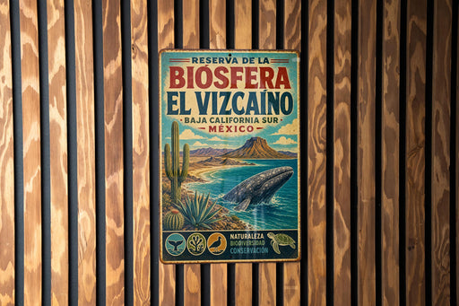 A vintage metal sign with a whale and desert landscape, mounted on a wooden wall.