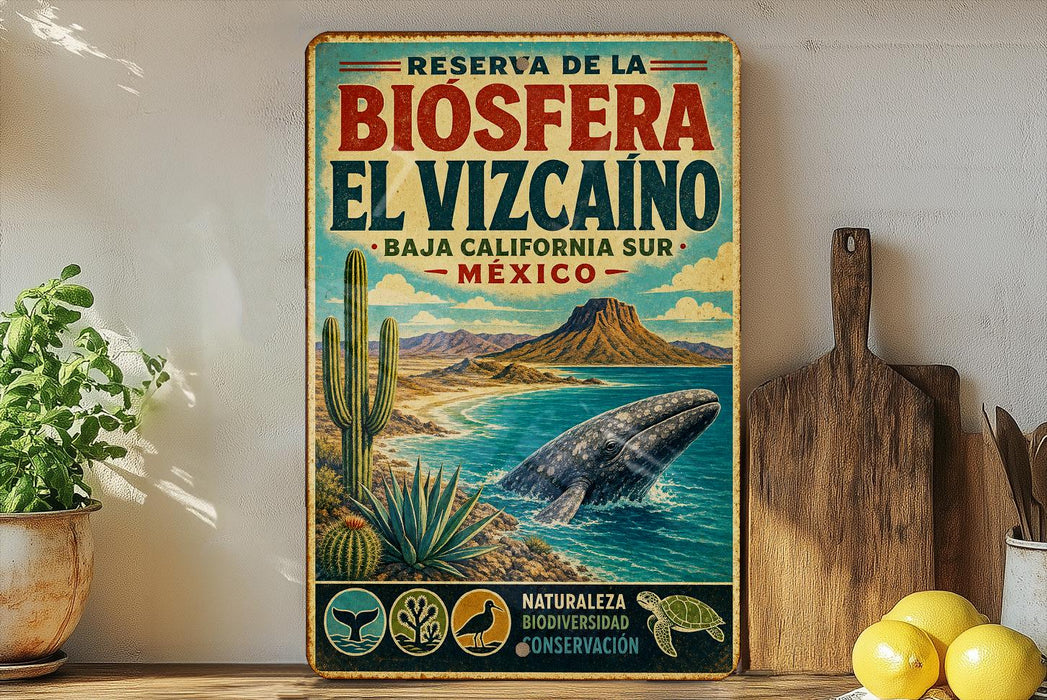 a vintage-style poster advertising a reserve in Baja California, Mexico, with a whale and desert landscape in the background.