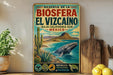 a vintage-style poster advertising a reserve in Baja California, Mexico, with a whale and desert landscape in the background.