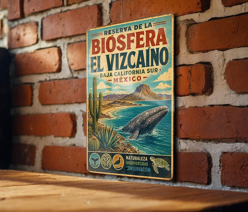 A vintage-style metal sign with a colorful illustration of a whale and desert landscape, mounted on a brick wall.