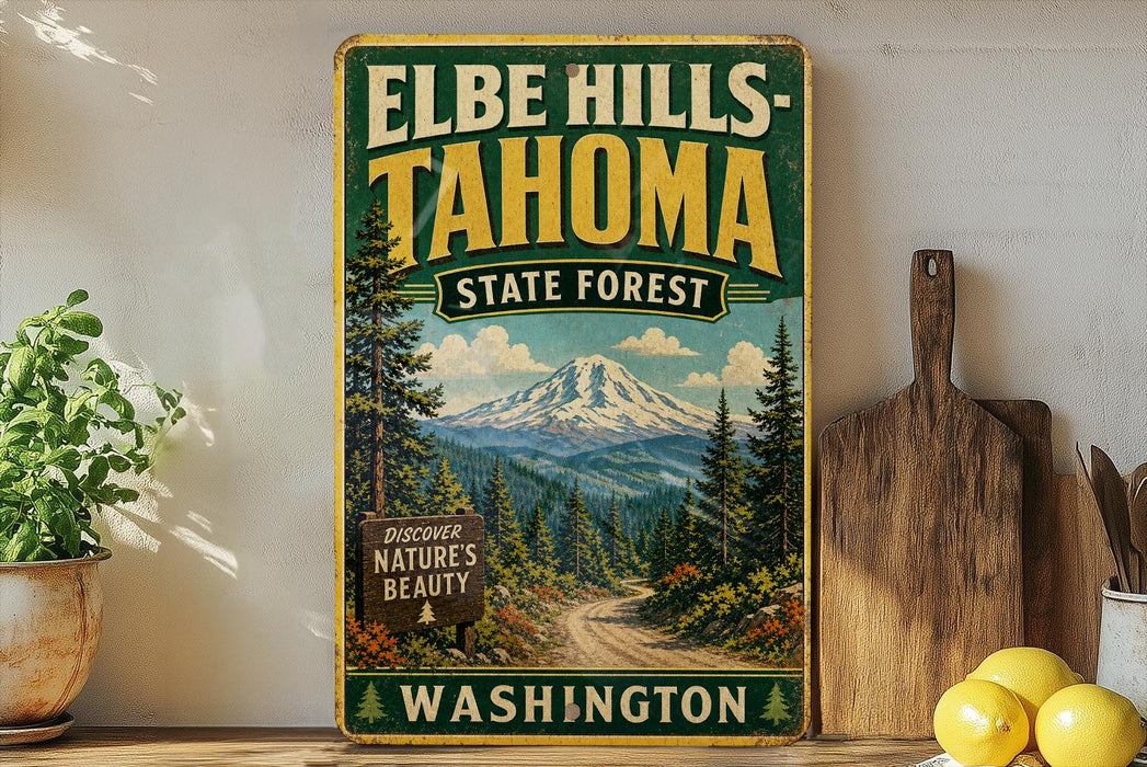 A vintage-style sign for Elbe Hills- Tahoma State Forest in Washington, featuring a scenic mountain landscape and a trail.