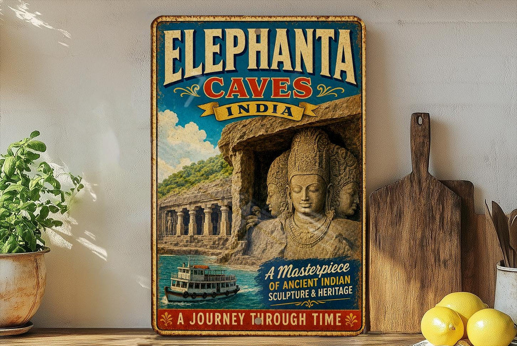 A vintage-style metal sign advertising the Elephant Caves in India, featuring a large image of a temple and a boat on the water.