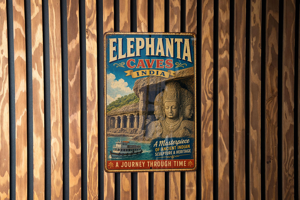 A vintage-style metal sign advertising the Elephant Caves in India, featuring an illustration of a temple and a statue of a deity.