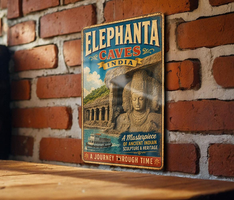 A vintage-style metal sign advertising the Elephant Caves in India, featuring a large image of a temple and a statue of a deity.