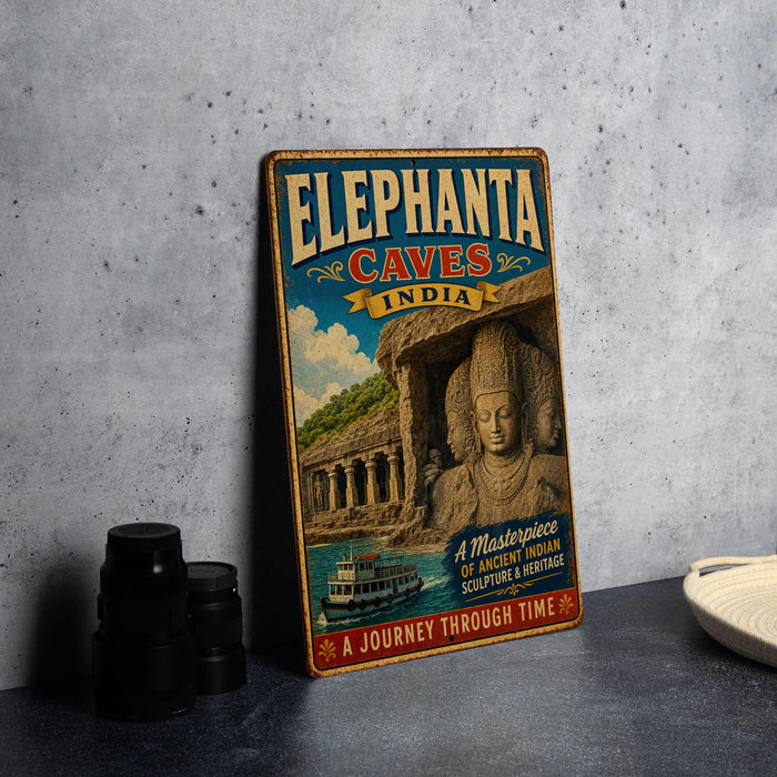 A vintage-style metal sign advertising the Elephant Caves in India, featuring an illustration of a temple and a statue of a deity.