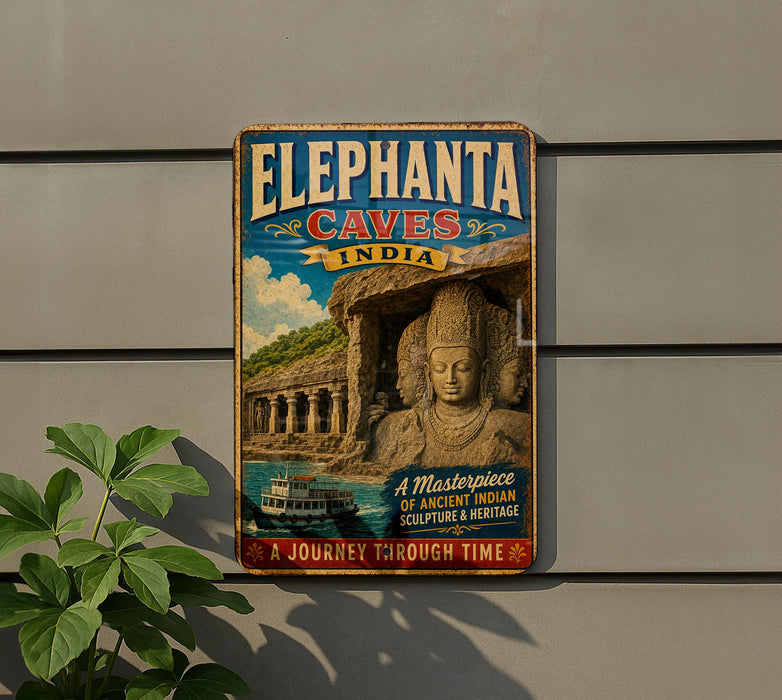 a vintage-style metal sign with the text "Elephantia Caves India" and a depiction of a large stone statue of a deity, likely an elephant, in a cave setting.
