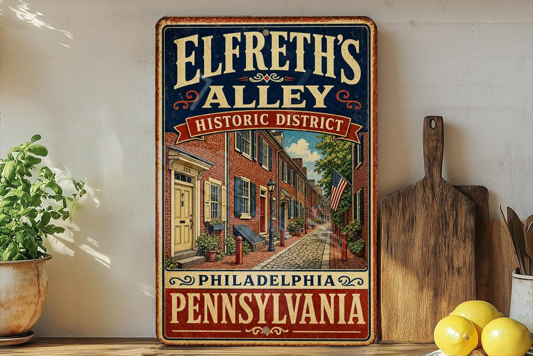 A vintage-style sign for Elfreth's Alley Historic District in Philadelphia, Pennsylvania, featuring an illustration of a street lined with brick houses and trees.