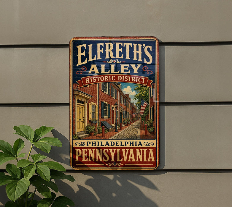 A metal sign on a wall that reads "Elfreth's Alley Historic District Philadelphia Pennsylvania" with an illustration of a street scene.