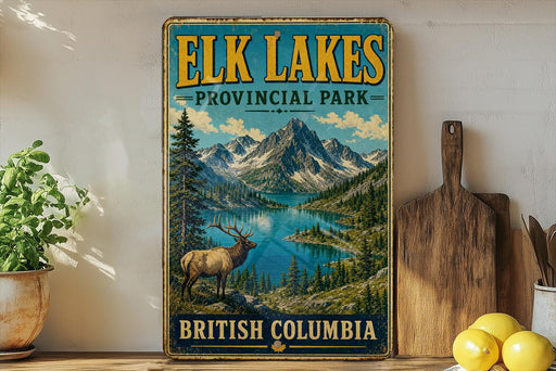 A vintage-style sign for the Elk Lakes Provincial Park in British Columbia, featuring a scenic mountain landscape with a moose and a lake.
