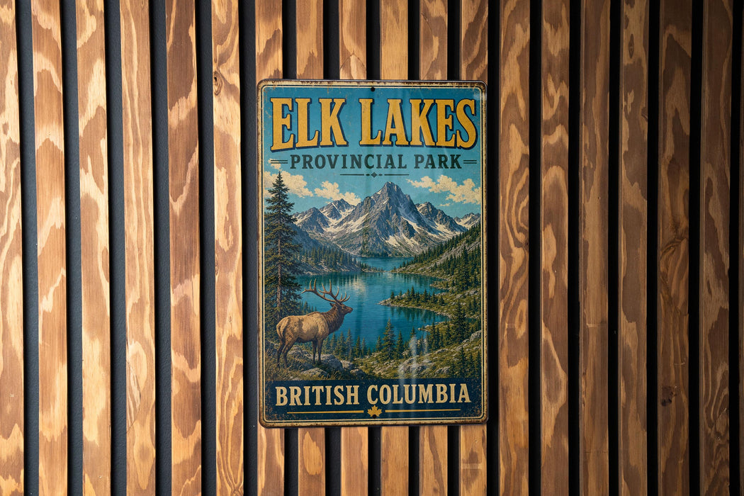 A vintage-style metal sign for the Elk Lakes Provincial Park in British Columbia, Canada, featuring a scenic mountain landscape with a lake and a deer.