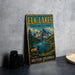 A vintage-style metal sign for Elk Lakes Provincial Park in British Columbia, featuring a scenic mountain landscape with a deer in the foreground.