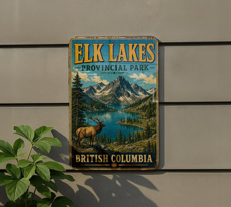 A vintage metal sign for Elk Lakes Provincial Park in British Columbia, featuring a scenic mountain landscape with a lake and a deer.