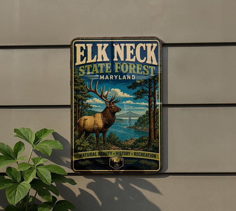 A metal sign with a scenic image of a deer in a forest, mounted on a wall.