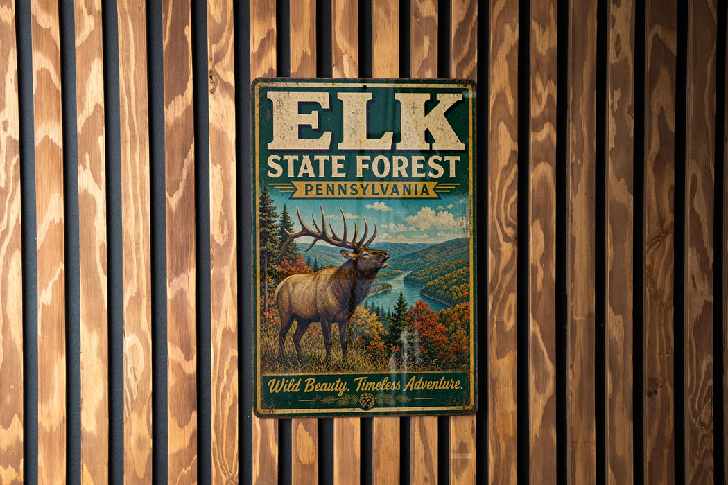 A vintage-style metal sign for the Elk State Forest in Pennsylvania, featuring an illustration of a deer with antlers and a scenic landscape.