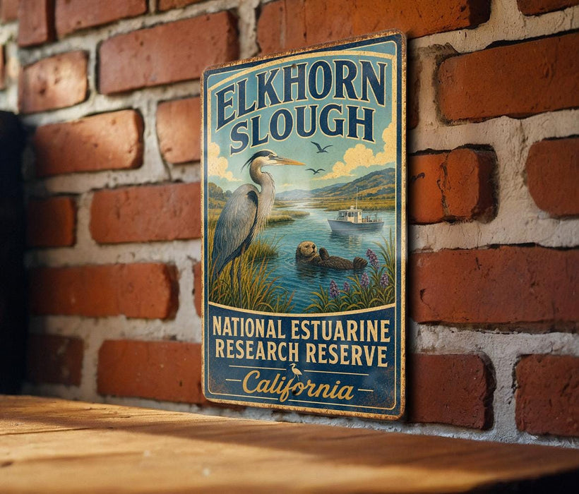 A vintage-style metal sign for the Elkhorn Slough National Estuarine Research Reserve in California, featuring an illustration of a heron and a beaver in a grassy area with a river and mountains in the background.