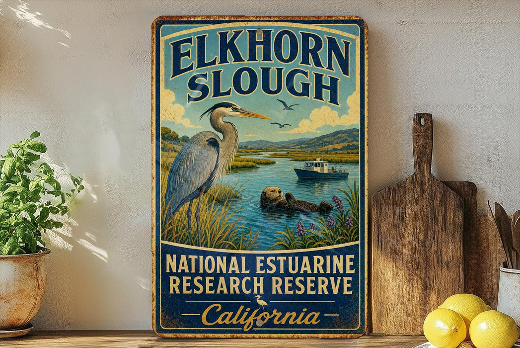 A vintage-style sign for the National Estuarine Research Reserve in California, featuring an illustration of a heron and a beaver in a river setting.