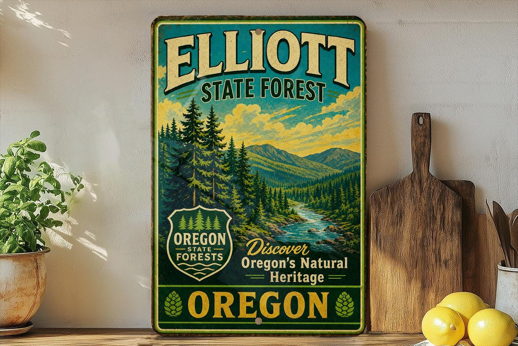 A vintage-style metal sign for Elliott State Forest in Oregon, featuring a scenic landscape with pine trees and a river.